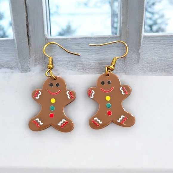 Acrylic Gingerbread Man Festive Holiday Dangle Earrings - Picture 2 of 2
